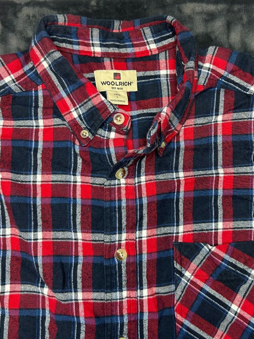Woolrich Mens Plaid Flannel Shirt L Red Navy White Cotton Button Front